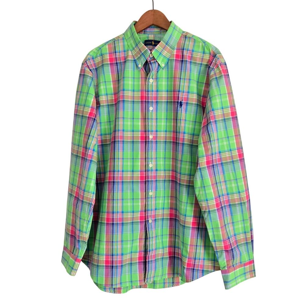 Polo Ralph Lauren Long Sleeve Preppy Plaid Button Down Shirt Green/Pink/Blue XL
